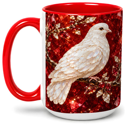 #pl[15oz|Red] White Dove Coffee Mug, Ceramic Mug with Red Jewel Artwork Design