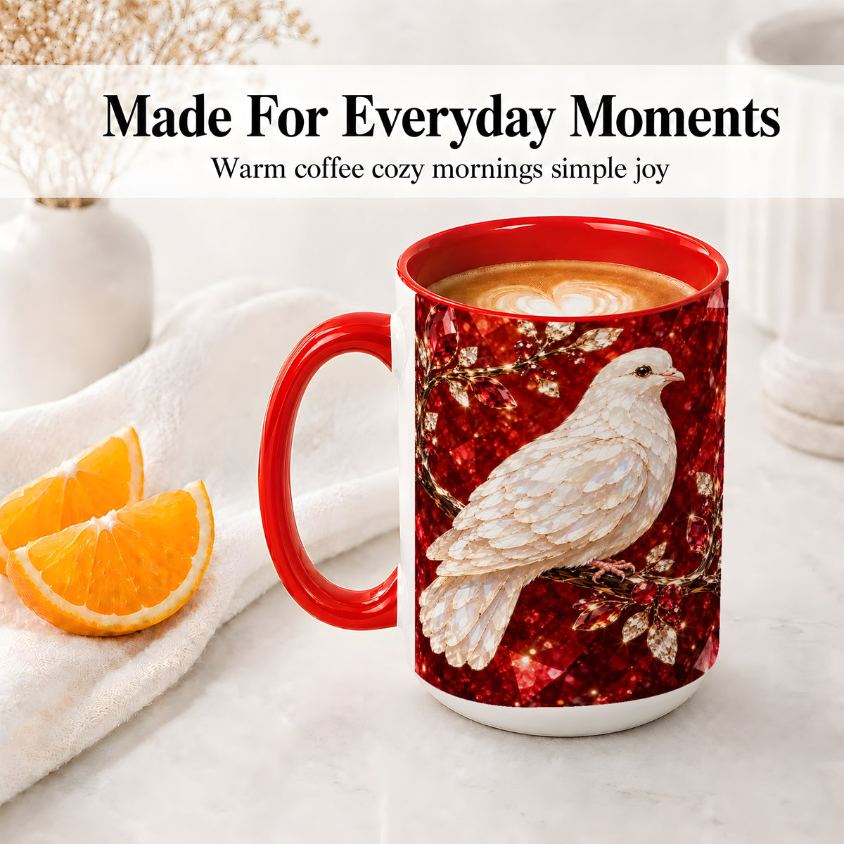 #pl[15oz|Red] White Dove Coffee Mug, Ceramic Mug with Red Jewel Artwork Design