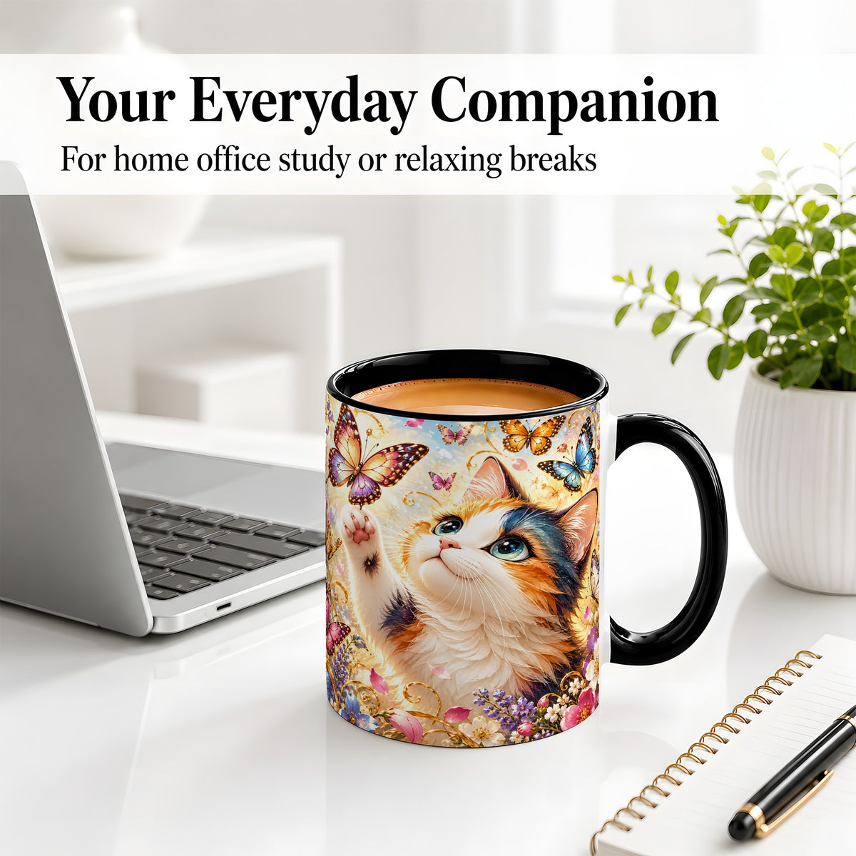 #pl[11oz|Black] Calico Cat Butterfly Coffee Mug, Ceramic Mug with Floral Artwork