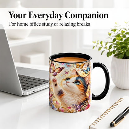#pl[11oz|Black] Calico Cat Butterfly Coffee Mug, Ceramic Mug with Floral Artwork