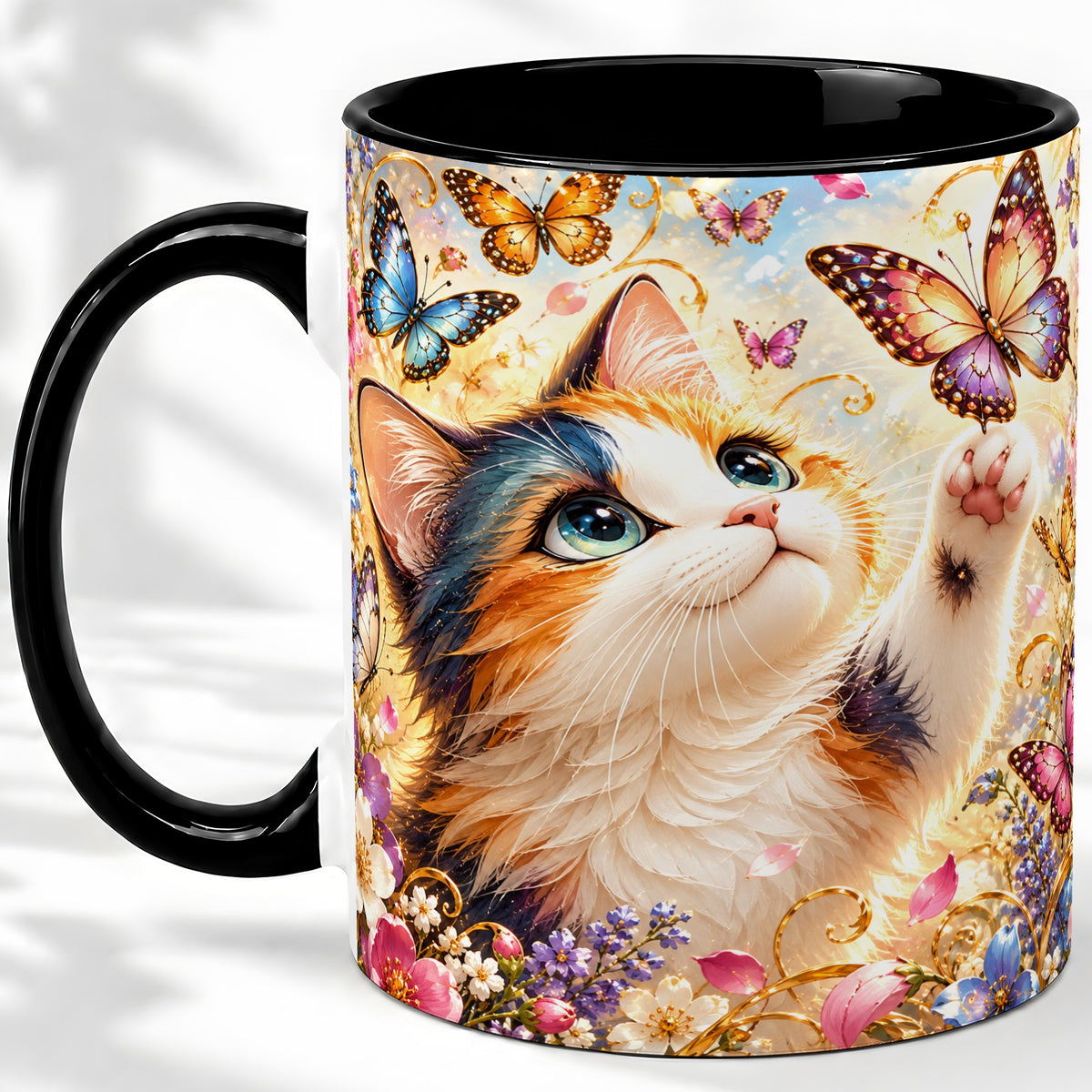 #pl[11oz|Black] Calico Cat Butterfly Coffee Mug, Ceramic Mug with Floral Artwork