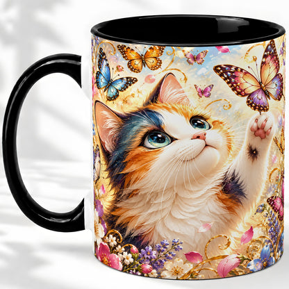 #pl[11oz|Black] Calico Cat Butterfly Coffee Mug, Ceramic Mug with Floral Artwork