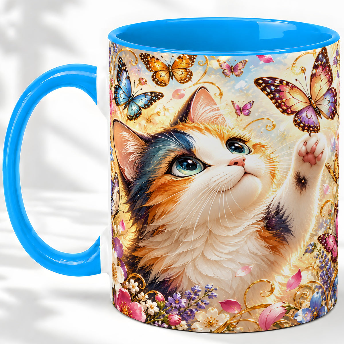 #pl[11oz|Blue] Calico Cat Butterfly Coffee Mug, Ceramic Mug with Floral Artwork
