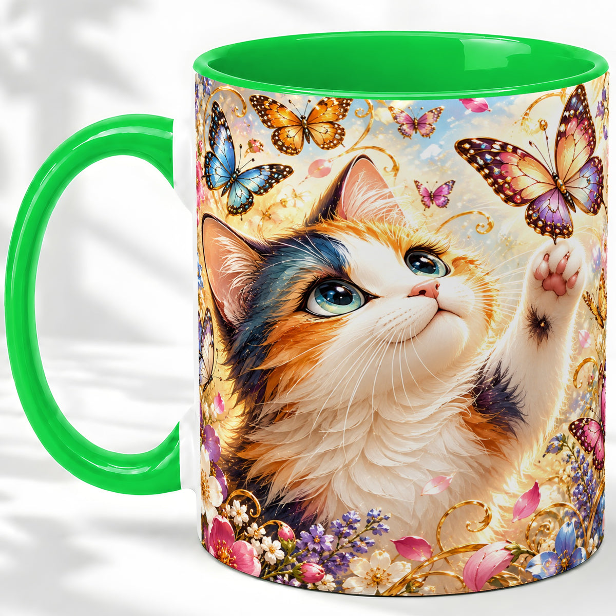 #pl[11oz|Green] Calico Cat Butterfly Coffee Mug, Ceramic Mug with Floral Artwork