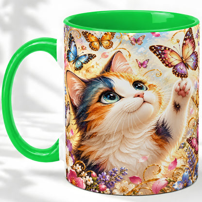 #pl[11oz|Green] Calico Cat Butterfly Coffee Mug, Ceramic Mug with Floral Artwork