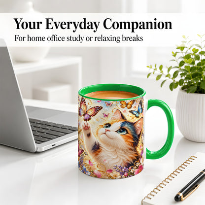 #pl[11oz|Green] Calico Cat Butterfly Coffee Mug, Ceramic Mug with Floral Artwork