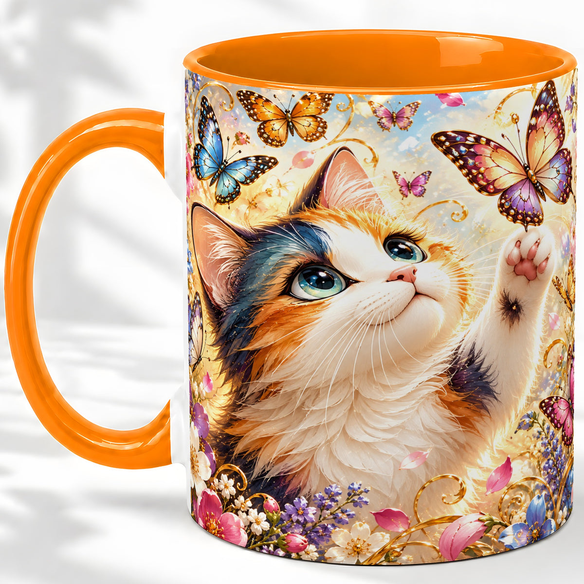 #pl[11oz|Orange] Calico Cat Butterfly Coffee Mug, Ceramic Mug with Floral Artwork