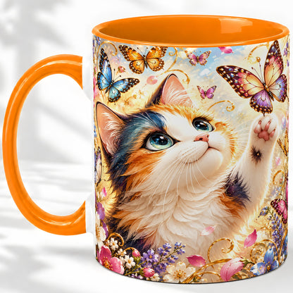 #pl[11oz|Orange] Calico Cat Butterfly Coffee Mug, Ceramic Mug with Floral Artwork