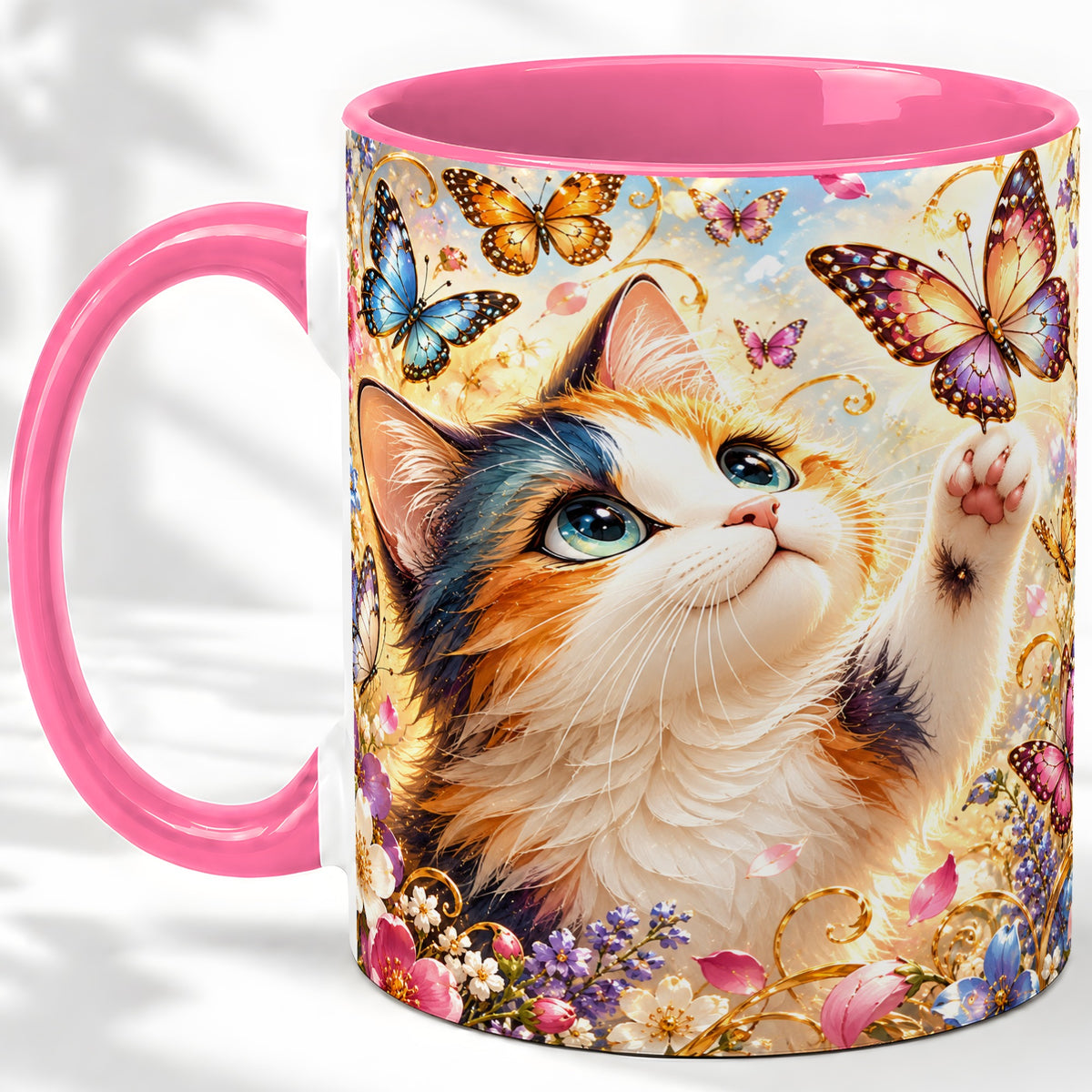 #pl[11oz|Pink] Calico Cat Butterfly Coffee Mug, Ceramic Mug with Floral Artwork