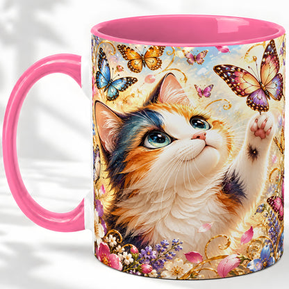 #pl[11oz|Pink] Calico Cat Butterfly Coffee Mug, Ceramic Mug with Floral Artwork