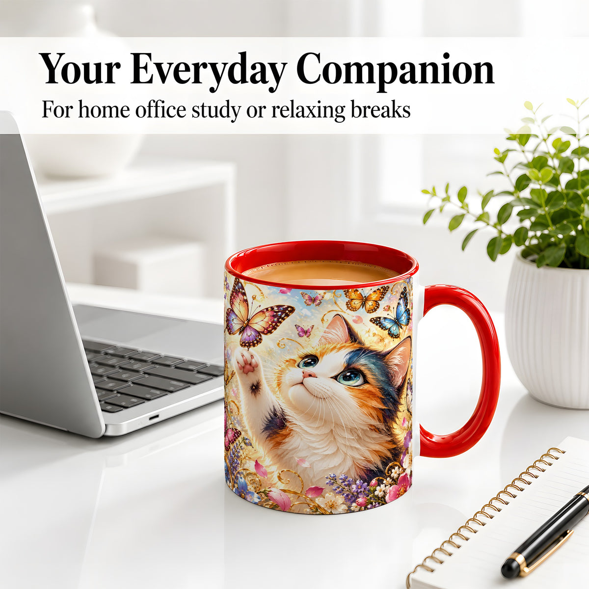 #pl[11oz|Red] Calico Cat Butterfly Coffee Mug, Ceramic Mug with Floral Artwork