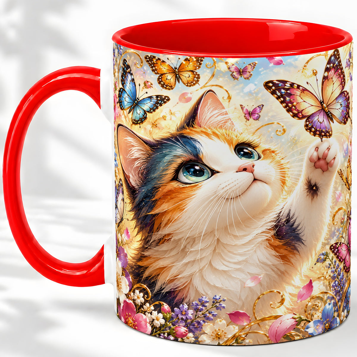 Calico Cat Butterfly Coffee Mug, Ceramic Mug with Floral Artwork