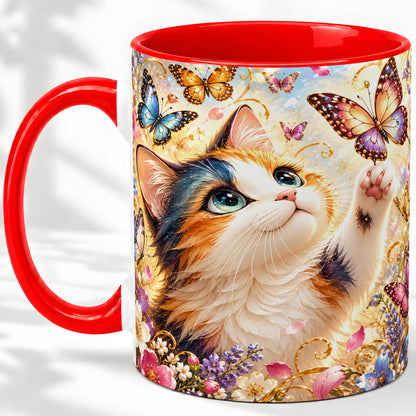 Calico Cat Butterfly Coffee Mug, Ceramic Mug with Floral Artwork