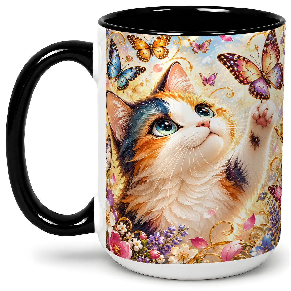 #pl[15oz|Black] Calico Cat Butterfly Coffee Mug, Ceramic Mug with Floral Artwork