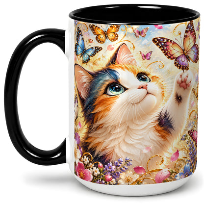 #pl[15oz|Black] Calico Cat Butterfly Coffee Mug, Ceramic Mug with Floral Artwork