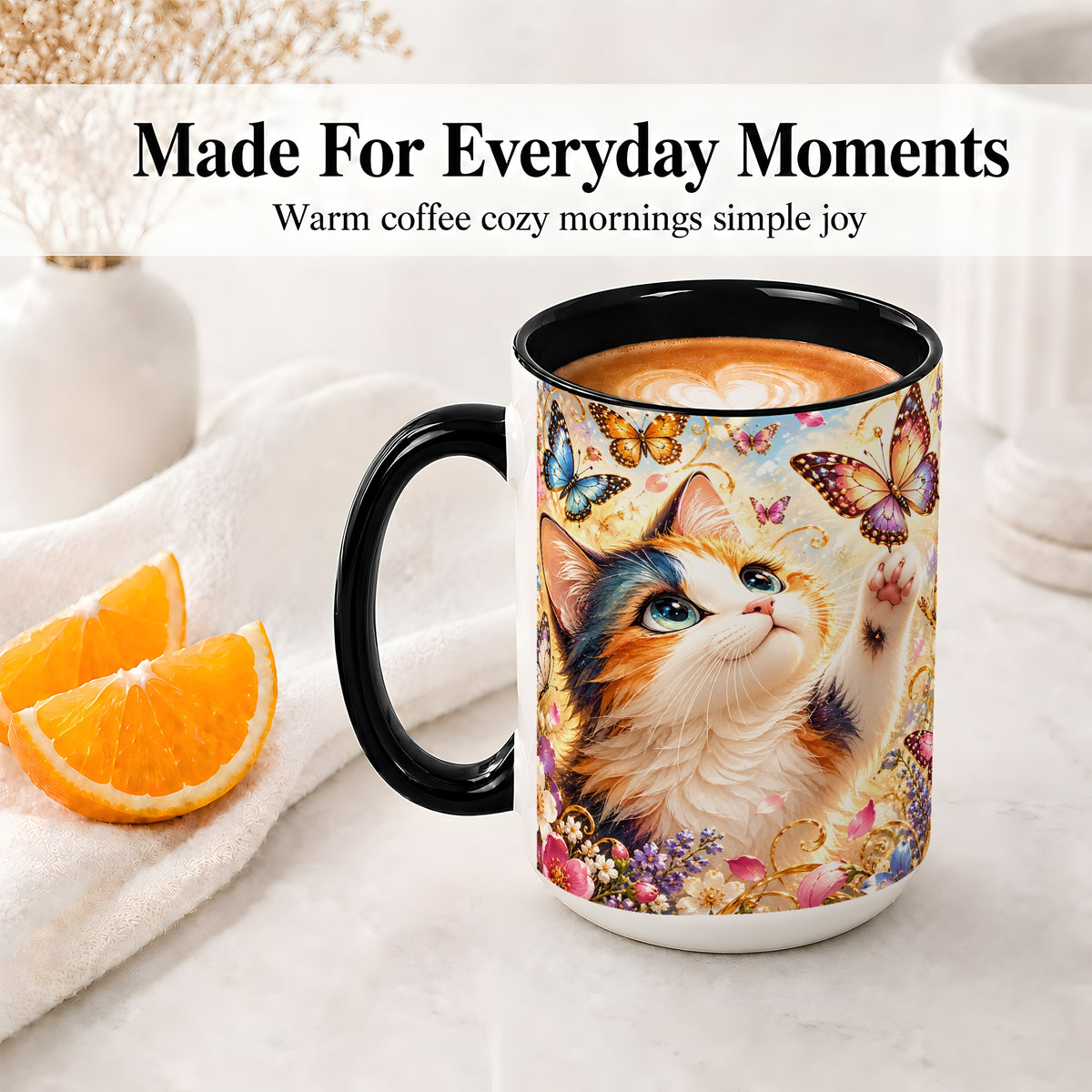 #pl[15oz|Black] Calico Cat Butterfly Coffee Mug, Ceramic Mug with Floral Artwork