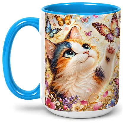 #pl[15oz|Blue] Calico Cat Butterfly Coffee Mug, Ceramic Mug with Floral Artwork