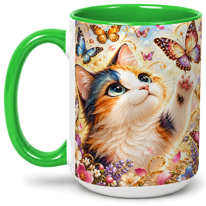 #pl[15oz|Green] Calico Cat Butterfly Coffee Mug, Ceramic Mug with Floral Artwork