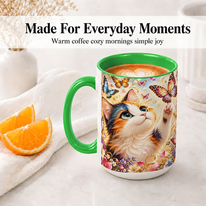 #pl[15oz|Green] Calico Cat Butterfly Coffee Mug, Ceramic Mug with Floral Artwork