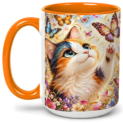 #pl[15oz|Orange] Calico Cat Butterfly Coffee Mug, Ceramic Mug with Floral Artwork