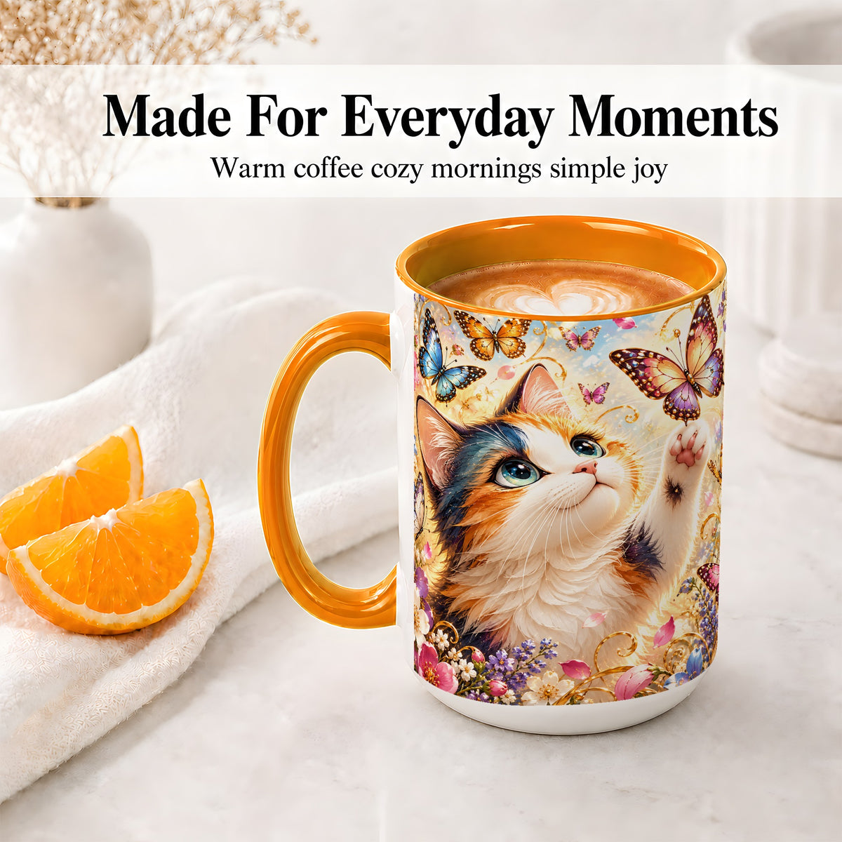 #pl[15oz|Orange] Calico Cat Butterfly Coffee Mug, Ceramic Mug with Floral Artwork