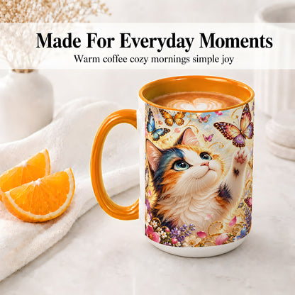 #pl[15oz|Orange] Calico Cat Butterfly Coffee Mug, Ceramic Mug with Floral Artwork
