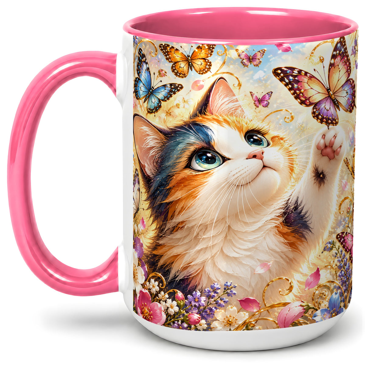 #pl[15oz|Pink] Calico Cat Butterfly Coffee Mug, Ceramic Mug with Floral Artwork