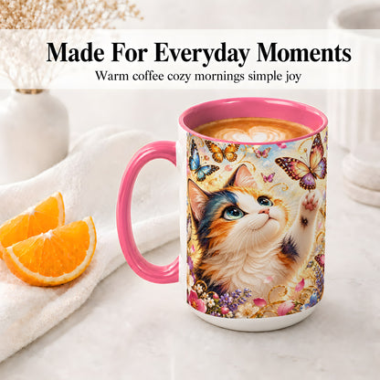 #pl[15oz|Pink] Calico Cat Butterfly Coffee Mug, Ceramic Mug with Floral Artwork