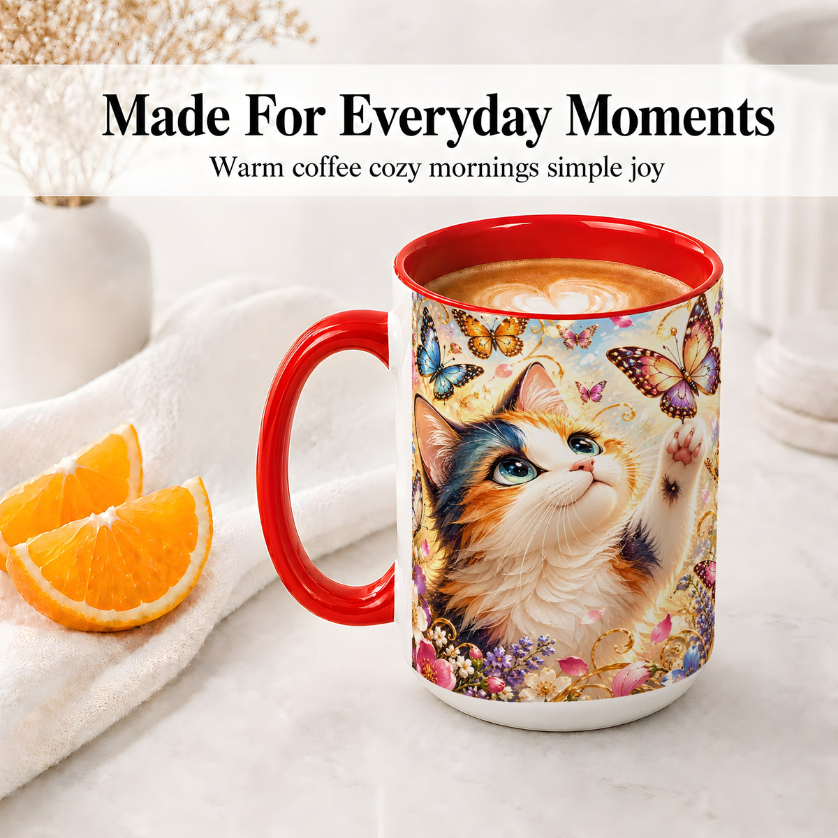 #pl[15oz|Red] Calico Cat Butterfly Coffee Mug, Ceramic Mug with Floral Artwork