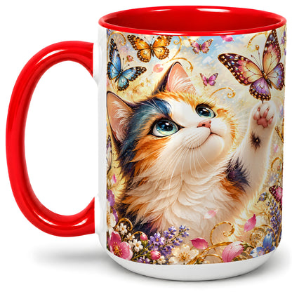 #pl[15oz|Red] Calico Cat Butterfly Coffee Mug, Ceramic Mug with Floral Artwork