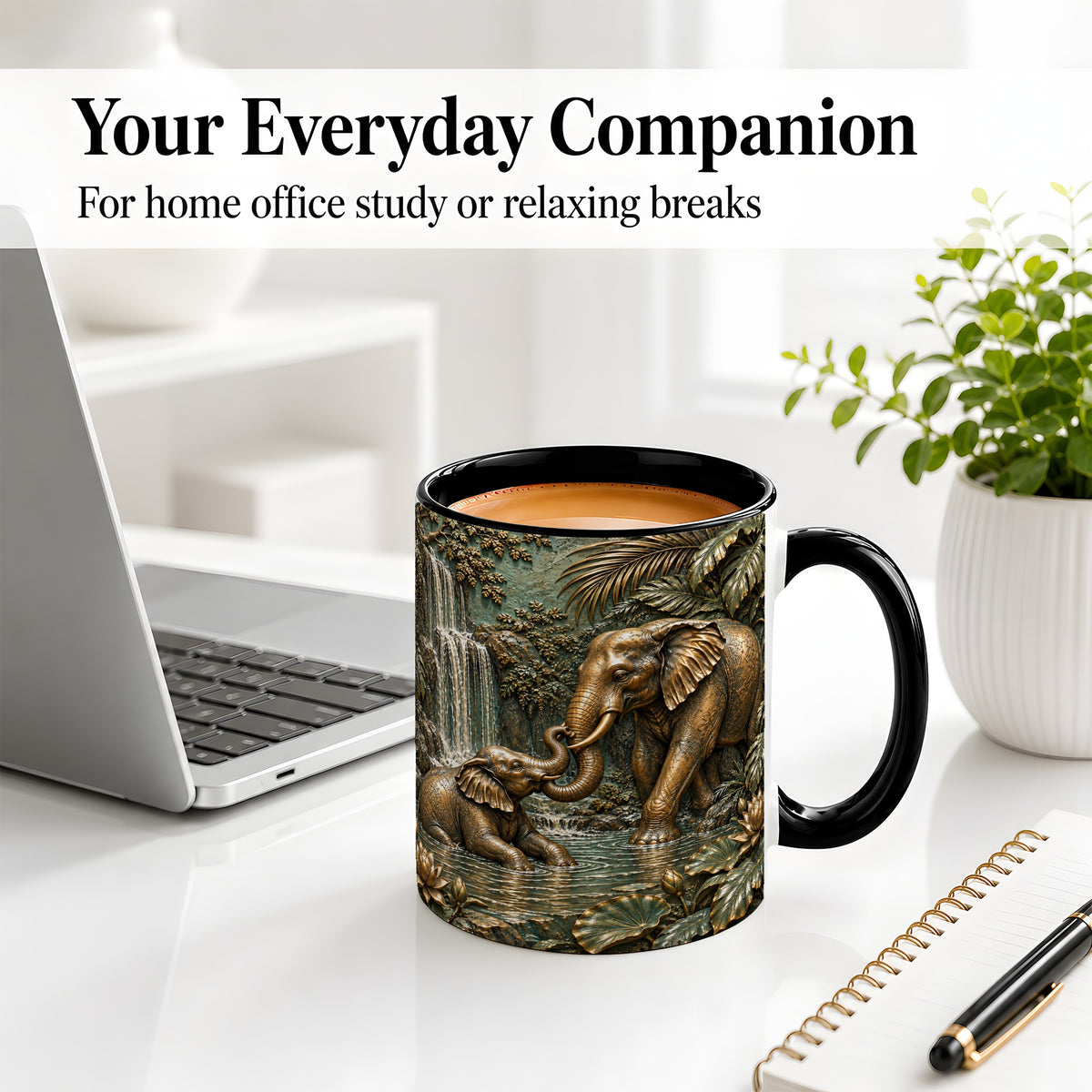 #pl[11oz|Black] Elephant Family Ceramic Mug, Bronze Style Jungle Artwork