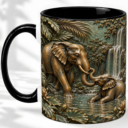 #pl[11oz|Black] Elephant Family Ceramic Mug, Bronze Style Jungle Artwork