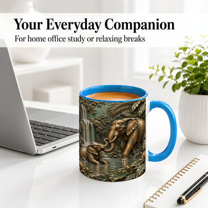 #pl[11oz|Blue] Elephant Family Ceramic Mug, Bronze Style Jungle Artwork