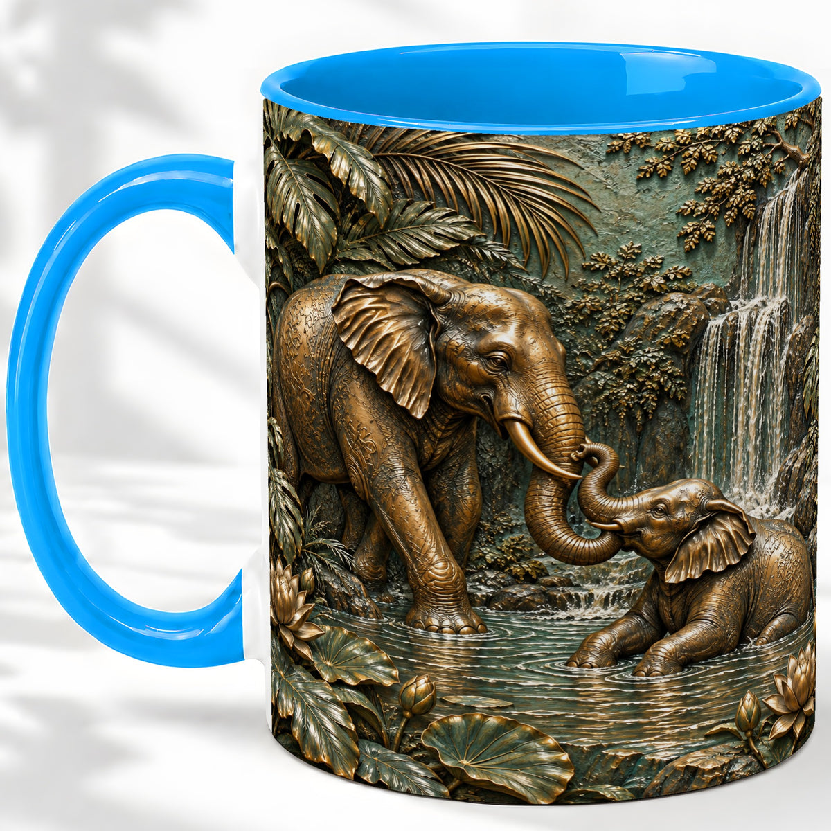 #pl[11oz|Blue] Elephant Family Ceramic Mug, Bronze Style Jungle Artwork