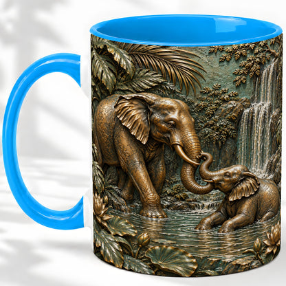 #pl[11oz|Blue] Elephant Family Ceramic Mug, Bronze Style Jungle Artwork