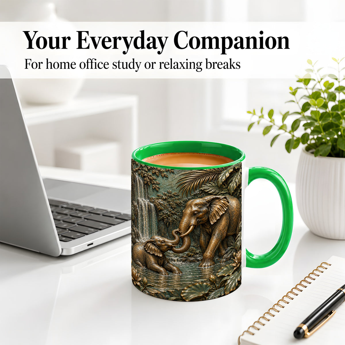 #pl[11oz|Green] Elephant Family Ceramic Mug, Bronze Style Jungle Artwork