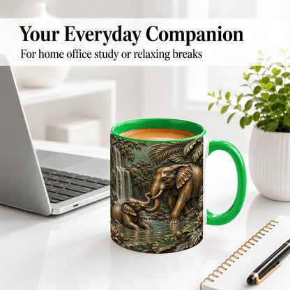 #pl[11oz|Green] Elephant Family Ceramic Mug, Bronze Style Jungle Artwork