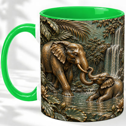 #pl[11oz|Green] Elephant Family Ceramic Mug, Bronze Style Jungle Artwork