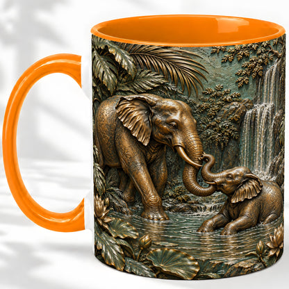 #pl[11oz|Orange] Elephant Family Ceramic Mug, Bronze Style Jungle Artwork