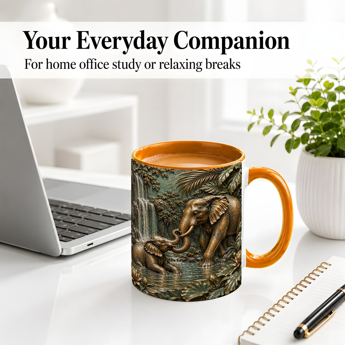 #pl[11oz|Orange] Elephant Family Ceramic Mug, Bronze Style Jungle Artwork
