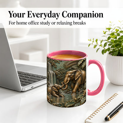#pl[11oz|Pink] Elephant Family Ceramic Mug, Bronze Style Jungle Artwork