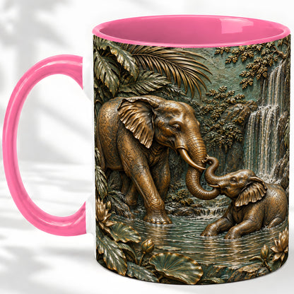 #pl[11oz|Pink] Elephant Family Ceramic Mug, Bronze Style Jungle Artwork