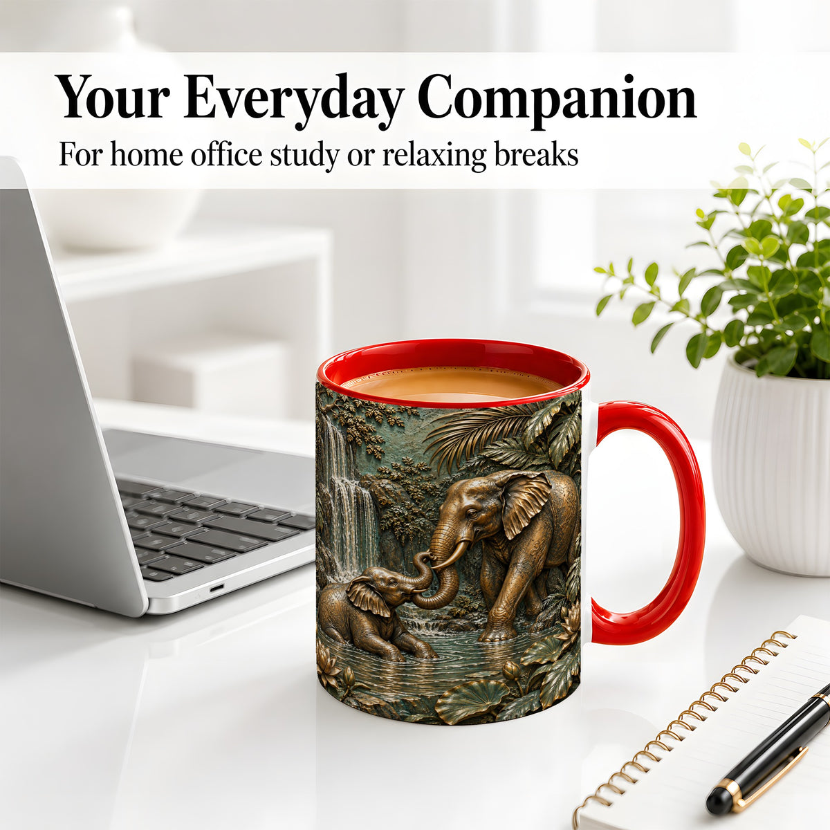 #pl[11oz|Red] Elephant Family Ceramic Mug, Bronze Style Jungle Artwork