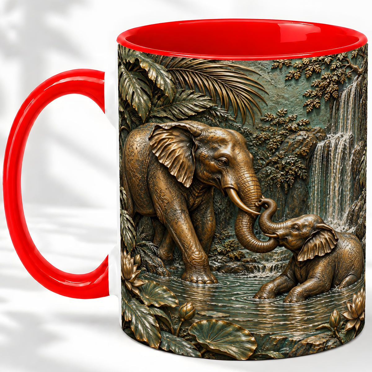 Elephant Family Ceramic Mug, Bronze Style Jungle Artwork