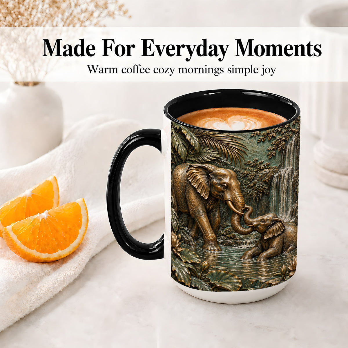 #pl[15oz|Black] Elephant Family Ceramic Mug, Bronze Style Jungle Artwork