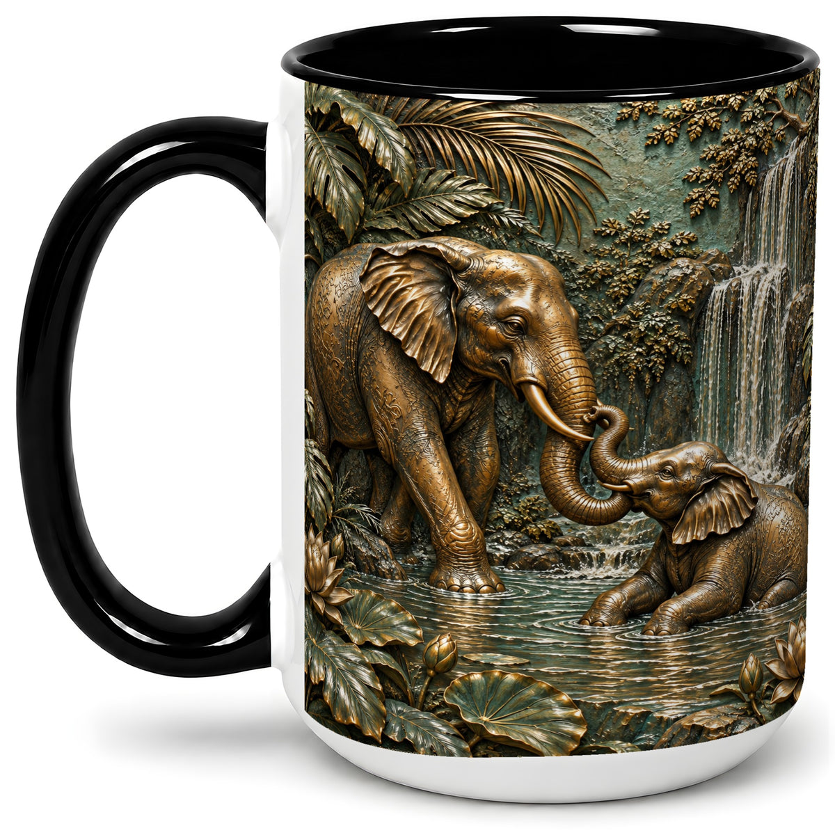 #pl[15oz|Black] Elephant Family Ceramic Mug, Bronze Style Jungle Artwork