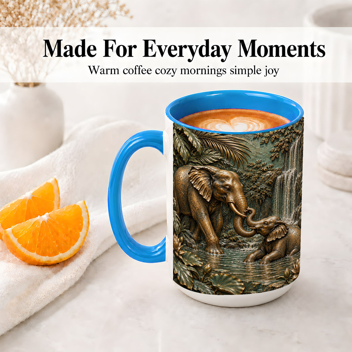 #pl[15oz|Blue] Elephant Family Ceramic Mug, Bronze Style Jungle Artwork