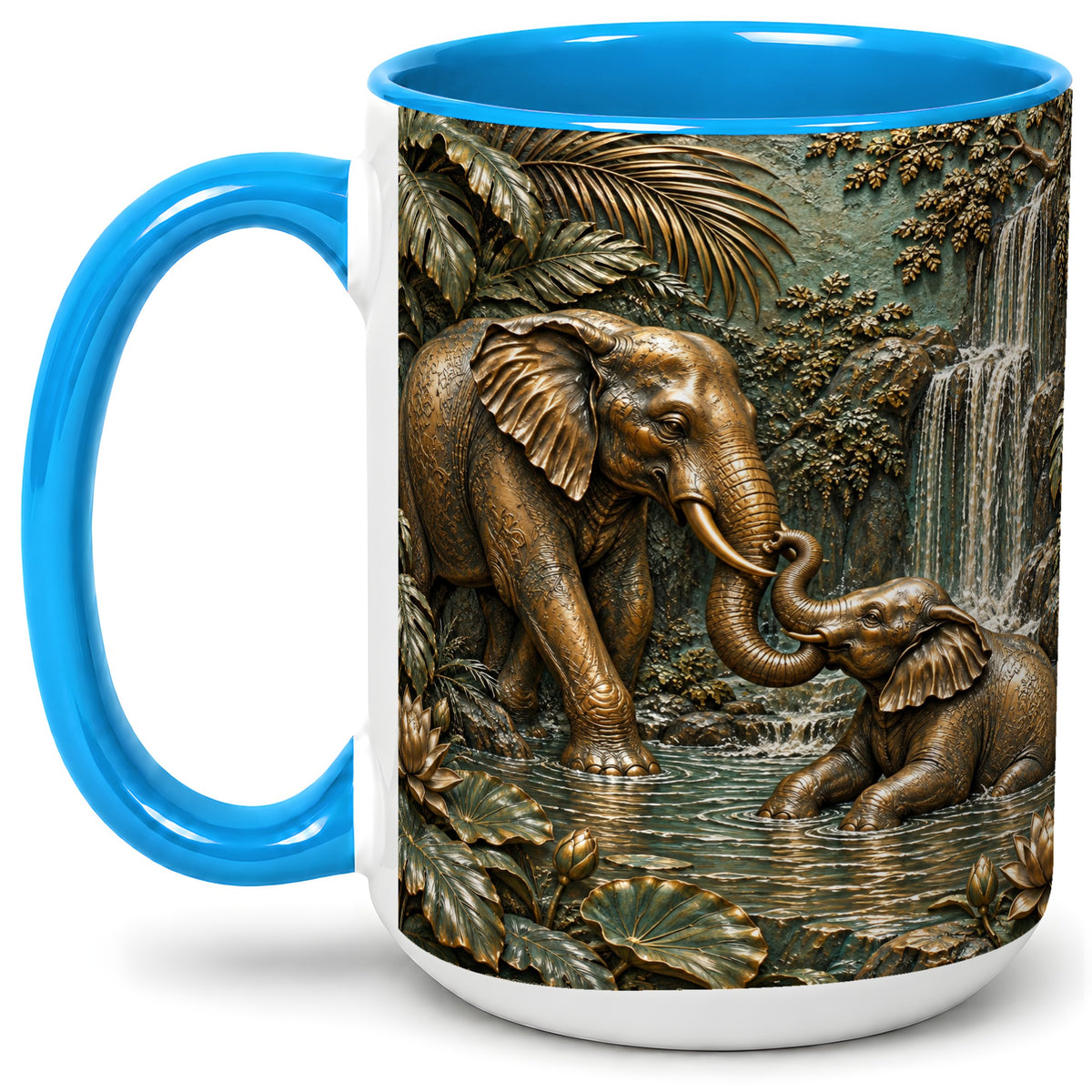 #pl[15oz|Blue] Elephant Family Ceramic Mug, Bronze Style Jungle Artwork
