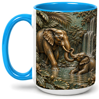 #pl[15oz|Blue] Elephant Family Ceramic Mug, Bronze Style Jungle Artwork