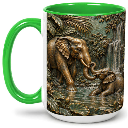 #pl[15oz|Green] Elephant Family Ceramic Mug, Bronze Style Jungle Artwork